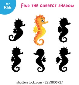 Mini game for children. find the correct shadow for the seahorse. learning, fun