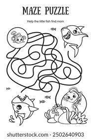 Mini-Spiel für Kinder. Labyrinth. Helfen Sie den Fisch Nemo zu Ihnen nach Hause zu kommen. Schwarz-Weiß-Darstellung.