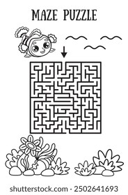 Mini game for children. Maze. Help the fish Nemo get to your home. Black and white illustration.