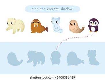 Mini game with cute arctic animals for kids. Find the correct shadow of cartoon animals. Brainteaser for children.