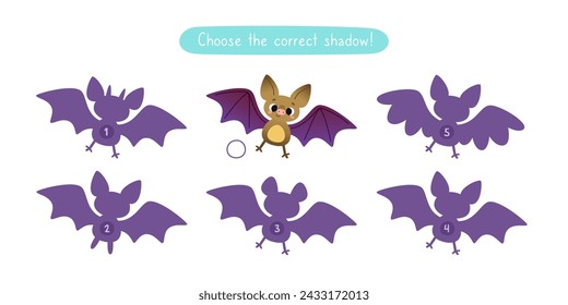 Mini game with cute bat for kids. Find the correct shadow of cartoon vampire bat. Brainteaser for kids.