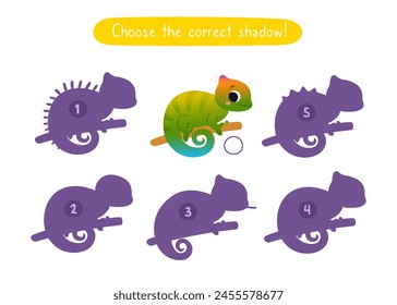 Mini game with cute chameleon for kids. Find the correct shadow of cartoon baby animal. Brainteaser for children.