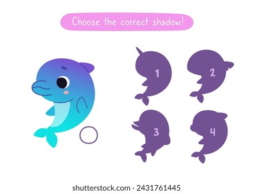 Mini game with cute dolphin for kids. Find the correct shadow of cartoon baby dolphin. Brainteaser for children.