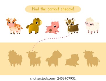 Mini game with cute domestic animals for kids. Find the correct shadow of cartoon farm animals.