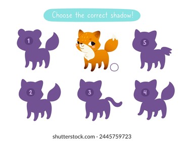 Mini game with cute fox for kids. Find the correct shadow of cartoon  baby animal. Brainteaser for kids.