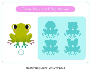 Mini game with cute frog for kids. Find the correct shadow of cartoon baby frog. Brainteaser for children.