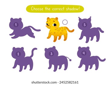 Mini game with cute jaguar for kids. Find the correct shadow of cartoon baby animal. Brainteaser for kids.