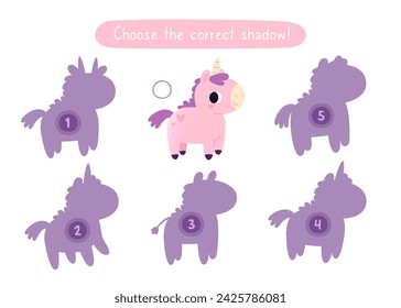 Mini game with cute pink unicorn for baby girls. Find the correct shadow of cartoon unicorn. Brainteaser for kids.