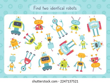 Mini game with cute robots for kids. Search for identical robots. Funny vector robots game for baby boys.