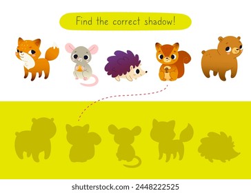 Mini game with cute woodland animals for kids. Find the correct shadow of cartoon forest animals.