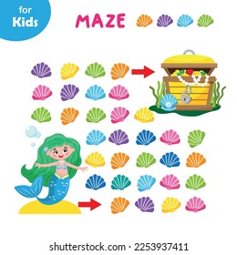 Mini-Spiel für Kinder. Helfen Sie der Meerjungfrau, durch das bunte Maze zu gehen, den Mustern, den Schalen zu folgen und die Brust zu erreichen. Ein Spaß für Kinder, ihre Problemlösungsfähigkeiten zu verbessern. Erziehung von Kindern.