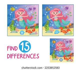 Mini Game For Kids, Learn Cartoon Style Mermaid Image. Look Carefully And Find 15 Differences Between The Pictures. This Game Is For Kids And Helps Them Pay Attention To The Details