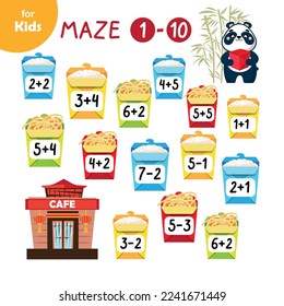 Mini game for kids, math maze, Asian cuisine. Help the panda get food from the restaurant, solve the problem. preschool education. Japanese culture, cuisine of different nations. Traditional Asian foo