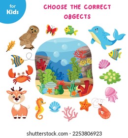 Mini game for kids, pick the right picture. Marine theme. Fauna, marine animals