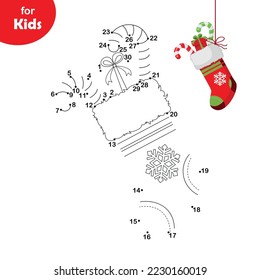 Mini games for children. dot to dot. New Year's sock with candy