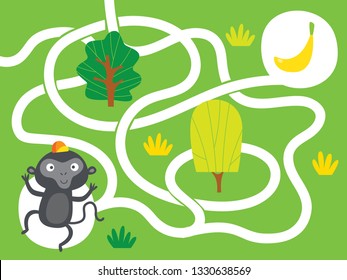 Mini Games For Children. Farm And Animal Puzzle Road For Children. Gameboard Design. Help Monkey Find The Banana.