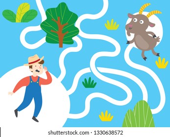 Mini Games For Children. Farm And Animal Puzzle Road For Children. Gameboard Design. Help Farmer Find The Goat.