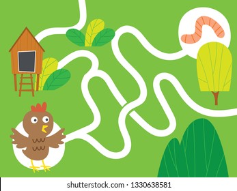 Mini Games For Children. Farm And Animal Puzzle Road For Children. Gameboard Design. Help The Chicken Catch The Worm.