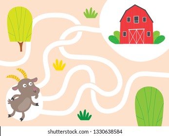 Mini Games For Children. Farm And Animal Puzzle Road For Children. Gameboard Design. Find A Road Home For The Goat Puzzle Road.