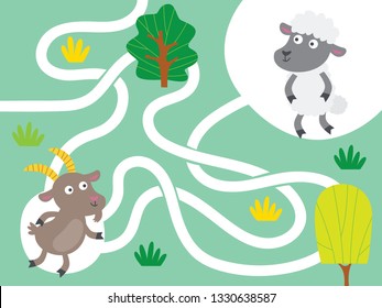 Mini Games For Children. Farm And Animal Puzzle Road For Children. Gameboard Design. Help The Goat Find His Sheep Friend.