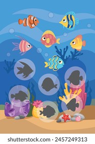 Mini games for children. preschoolers. Find the right shadow. Photo with cartoon fish. Games 3-4 years. Mini games for children. preschoolers. Development of logic in children.