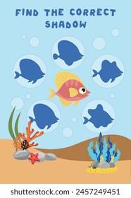 Mini games for children. preschoolers. Find the right shadow. Photo with cartoon fish. Games 3-4 years. Mini games for children. preschoolers. Development of logic in children.