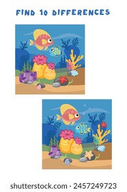 Mini juegos para niños. preescolares. Encuentra 5 diferencias. Imagen con peces y anémonas. Tareas lógicas para niños en edad preescolar. Juegos 3-4 años.