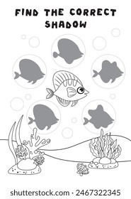 Mini games for children. preschoolers. Find the right shadow. Photo with cartoon fish. Games 3-4 years. Mini games for children. preschoolers. Development of logic in children. black and white image