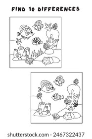 Mini juegos para niños. preescolares. Encuentra 5 diferencias. Imagen con peces y anémonas. Tareas lógicas para niños en edad preescolar. Juegos 3-4 años. Imagen en blanco y negro