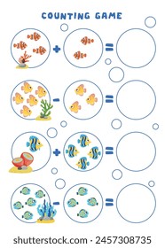 Mini games for children. Preschoolers. Mathematical examples up to 5. Simple mathematics for preschoolers. How many fish live in the sea.