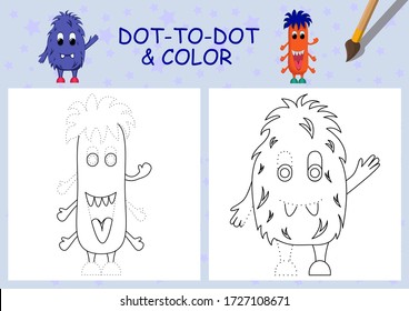 Mini games collection for kids. Dot to dot and color the picture. Leisure activity for preschool. Funny monster. Page for coloring book, task for children. 