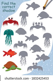 Mini games collection for kids. Find the correct shadow. Funny underwater world. Page for coloring book, leisure activity task for children. Educational game for children. Crab, jellyfish, turtle