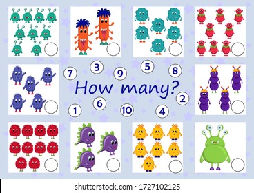 Mini games collection for kids. How many monster on picture? Counting for preschool. Funny monster. Page for coloring book, leisure activity task for children. 