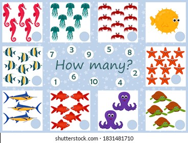 Mini games collection for kids. How many marine animals on picture? Counting for preschool. Funny monster. Page for coloring book, leisure activity task for children. Educational game for children