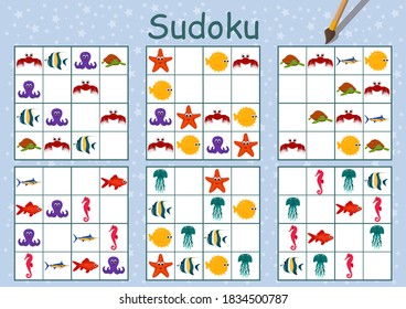 Mini games collection for kids. Sudoku.
Find regularity and choose next animal. Leisure activity for preschool. Funny marine animals. Task for children. 