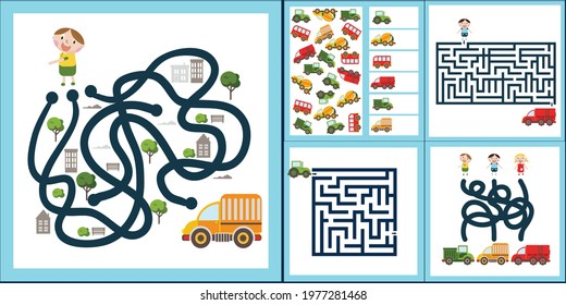 Mini games collections with cars for development. I spy. Maze. Colorful vector illustration in flat style.