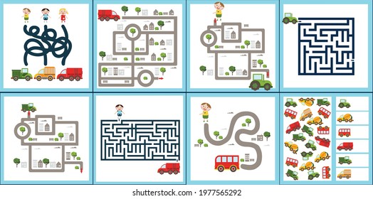 Mini games collections with cars for development. I spy. Maze. Colorful vector illustration in flat style.