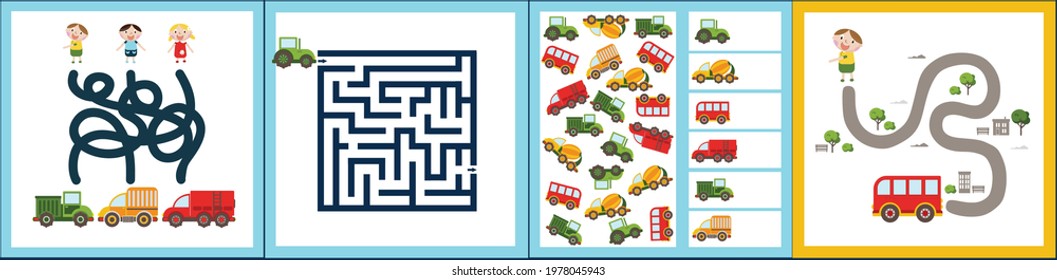 Mini games collections with cars for development. I spy. Maze. Colorful vector illustration in flat style.