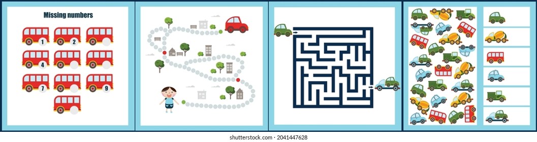 Mini games collections with cars for development. I spy. Maze. Sudoku. Colorful vector illustration in flat style.