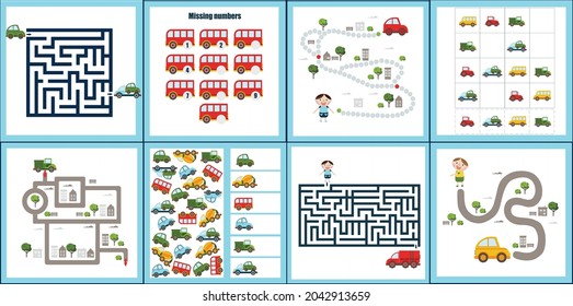 Mini-Spiele Kollektionen mit Autos für die Entwicklung. Ich spioniere. Maze. Sudoku. Farbige Vektorgrafik im flachen Stil.