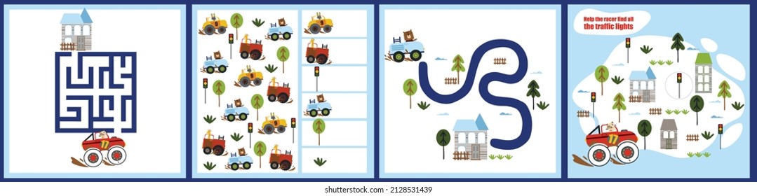 Mini games collections with cars for development. I spy. Maze.  Colorful vector illustration in flat style.
