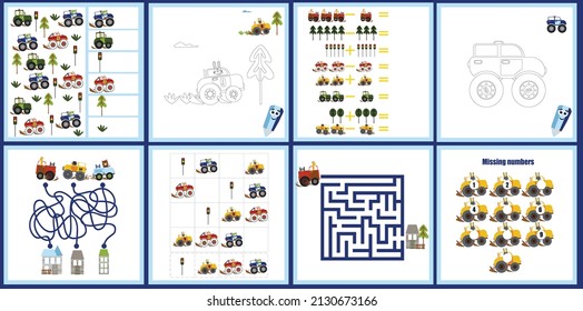 Mini games collections with cars for development. I spy. Maze.  Colorful vector illustration in flat style.