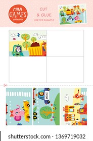 Mini games collections. Cut and glue. Use the example. Little animals and transport.