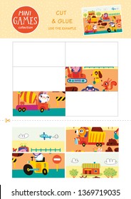 Mini games collections. Cut and glue. Use the example. Little animals and transport.