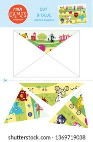 Mini-Spiele-Kollektionen. Schneiden und Kleben. Verwenden Sie das Beispiel. Kleine Tiere und Transport.