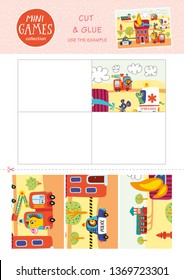 Mini games collections. Cut and glue. Use the example. Little animals and transport.