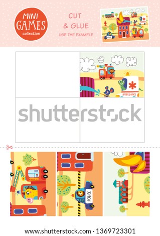 Mini games collections. Cut and glue. Use the example. Little animals and transport.