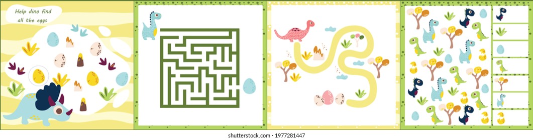 Mini games collections with dino for development. I spy. Maze. Colorful vector illustration in flat style. Dinosaur