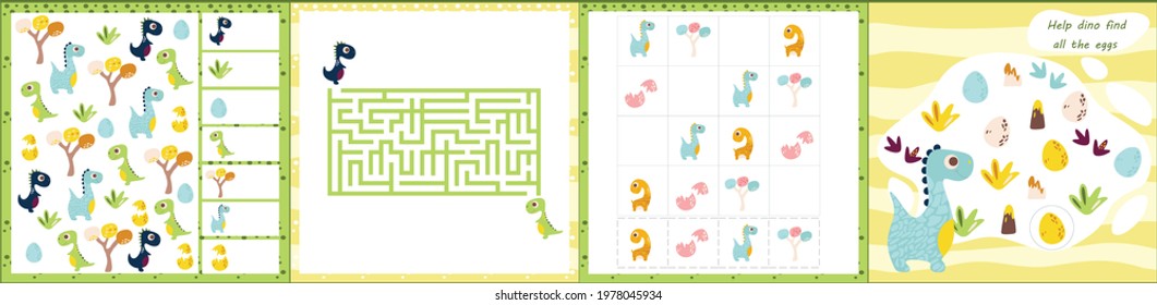 Mini games collections with dino for development. I spy. Maze. Colorful vector illustration in flat style. Dinosaur