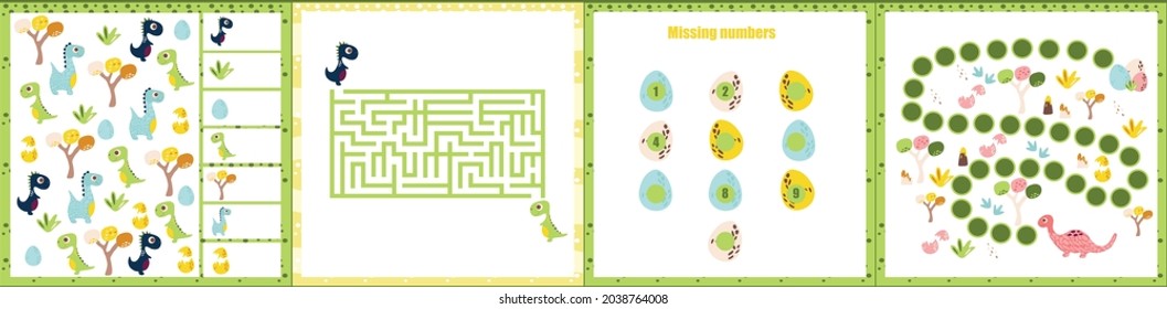 Mini games collections with dino for development. I spy. Maze. Colorful vector illustration in flat style. Dinosaur